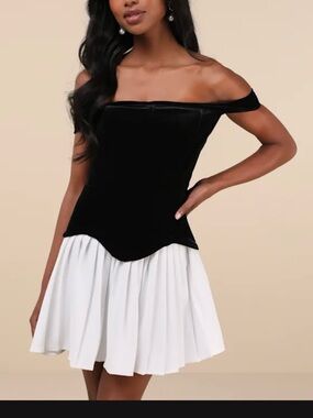 Express Black Velvet Off-Shoulder Bodice with White Pleated Mini Skirt